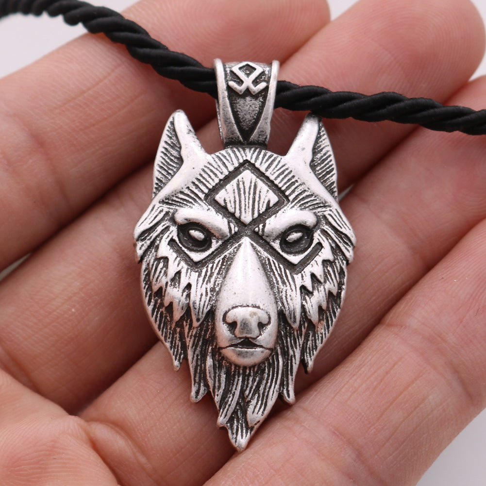 Viking Wolf Head Metal Necklace with Runa Rune Talisman Pendant - Norse Legacy Collection