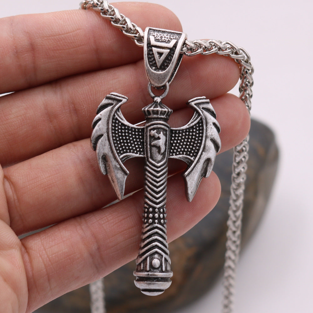 Norse Legacy Metal Necklace with Viking Odin Hammer Pendant - Battle Axe Design