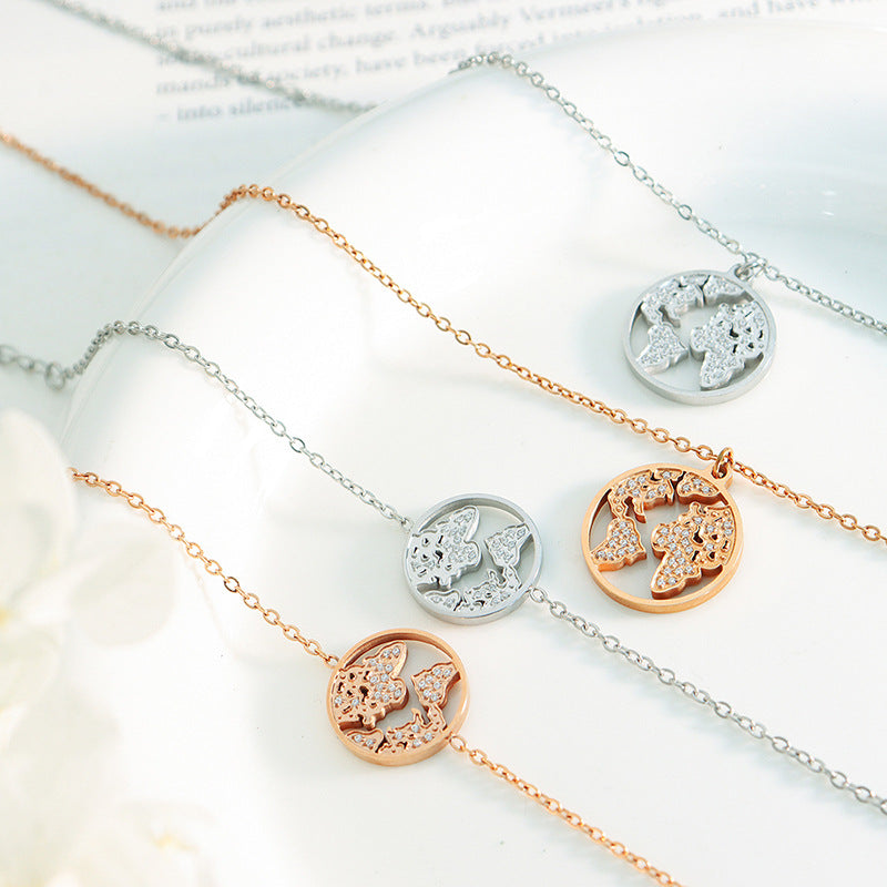French Elegance Jewelry Set with Zircon Map Necklace, Rose Gold Finish - Ideal for Valentine's Day Gift