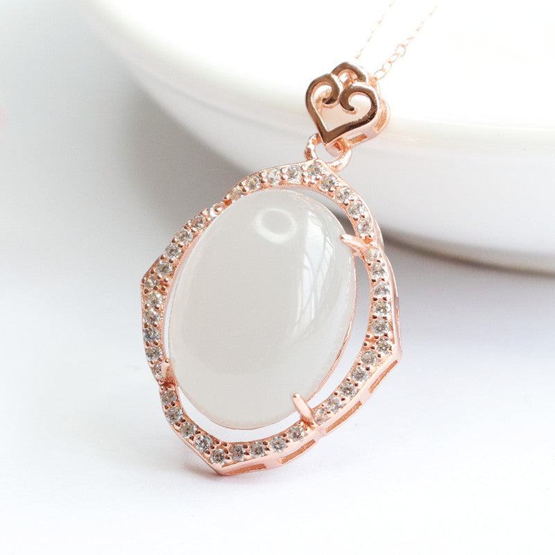 Sterling Silver Necklace with Hetian Jade Pigeon Egg Pendant and Zircon Accent