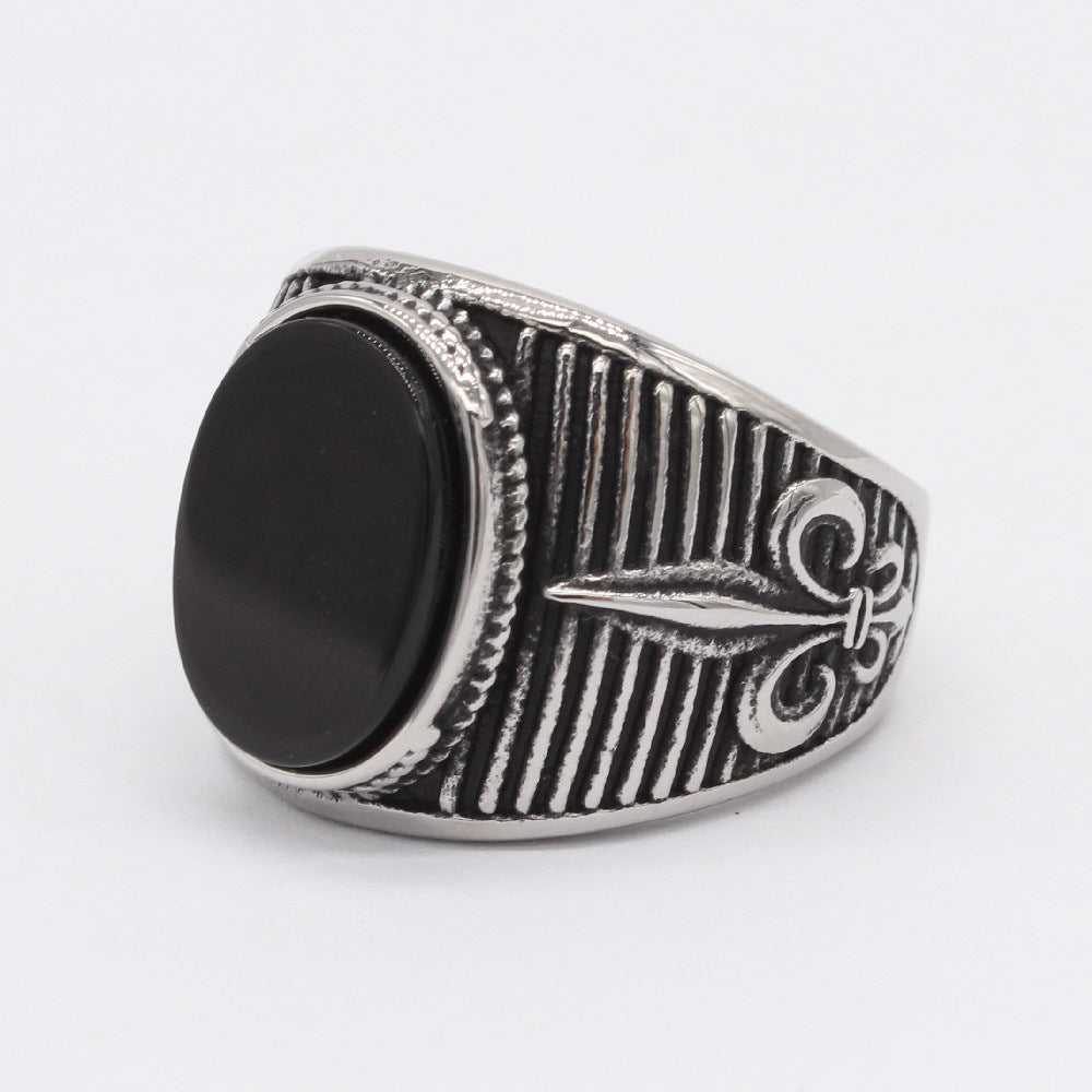 Black Stone Childern Flower Titanium Steel Ring for Men