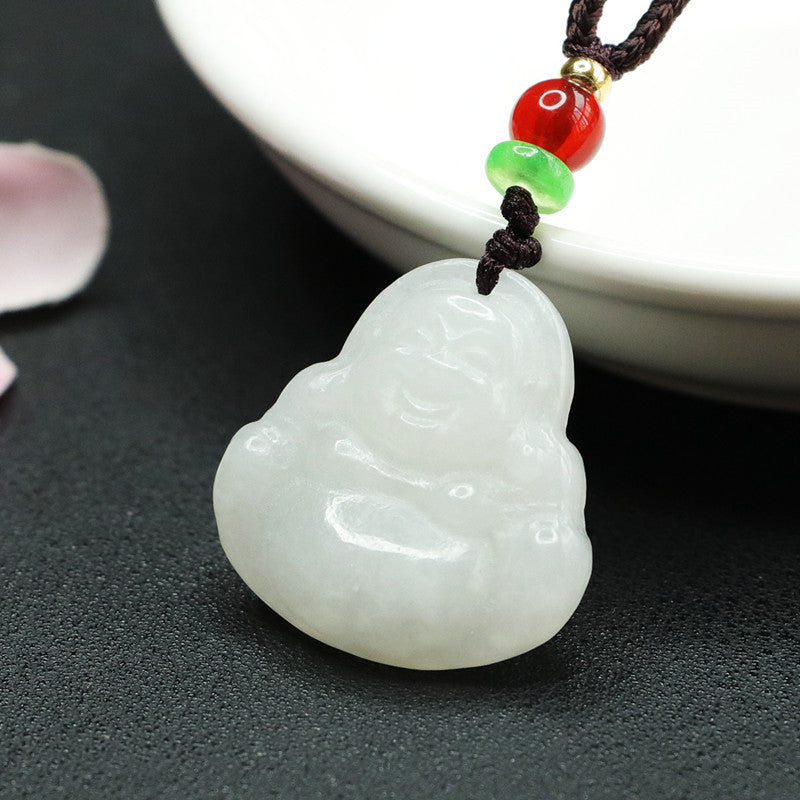 White Jade Maitreya Buddha Necklace crafted with Sterling Silver