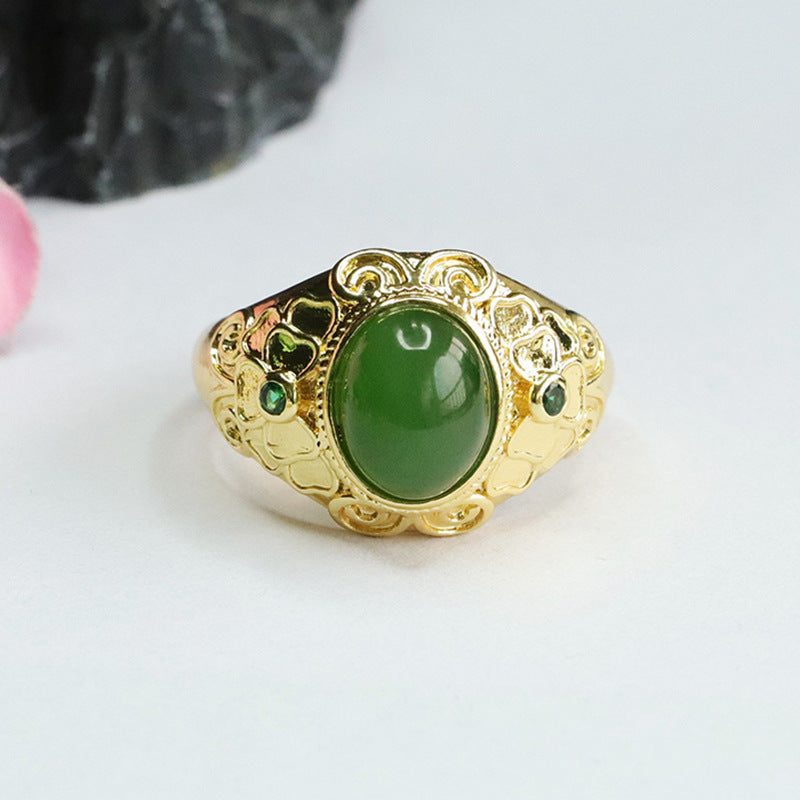 Elegant Green Jade Jasper Bow Pattern Ring with Sterling Silver Detail