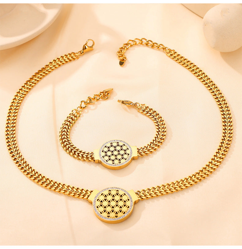 Elegant Titanium Steel Flower of Life Jewelry Set with Multi-layer Chain