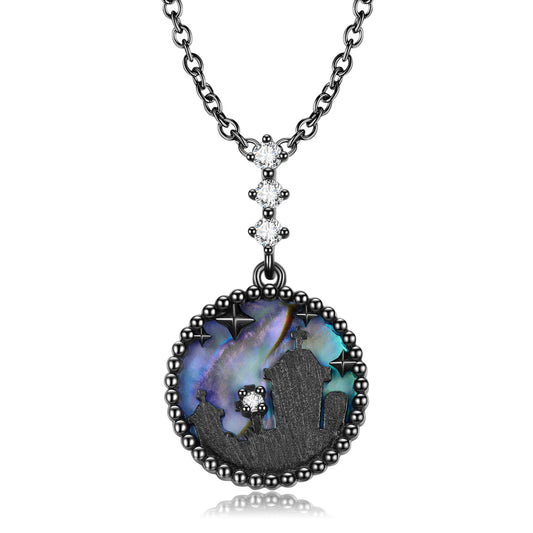 Halloween Aurora Tombstone Round Pendant Silver Necklace