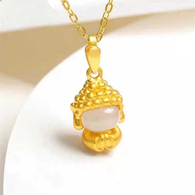 Baby Buddha White Jade Pendant with Golden Necklace