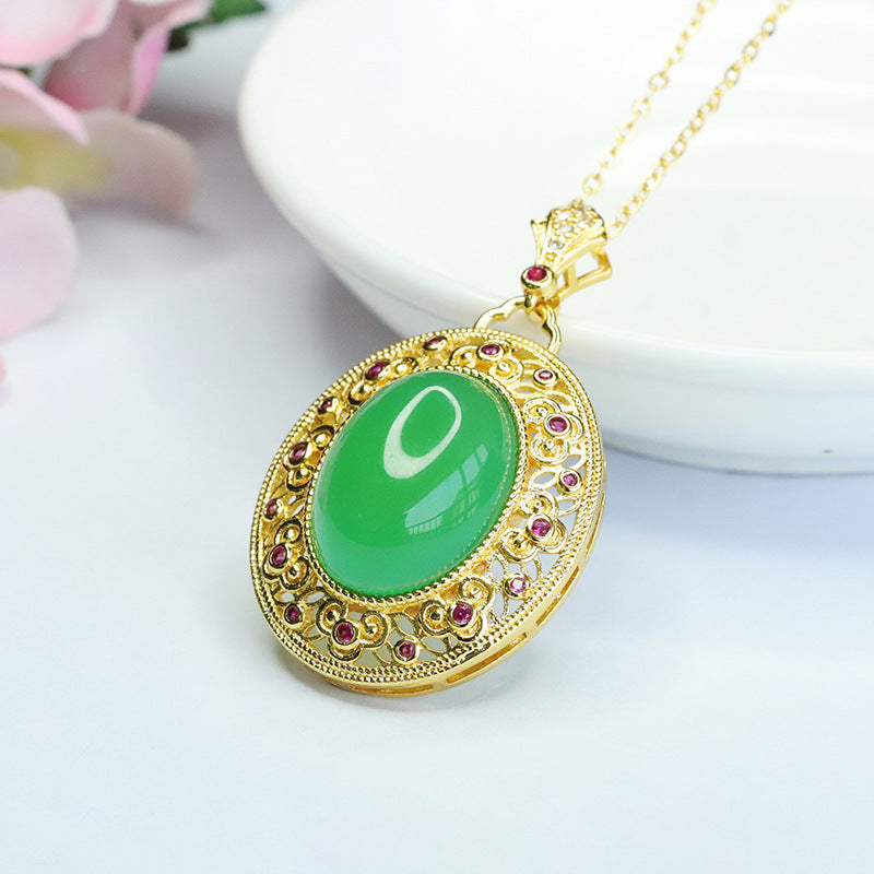 Ice Imperial Green Chalcedony Hollow Ruyi Pattern Zircon Pendant