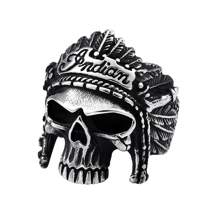 Custom Retro Stainless Steel Men’s Ring with Indian Skull Design – Wholesale Titanium Steel Jewelry