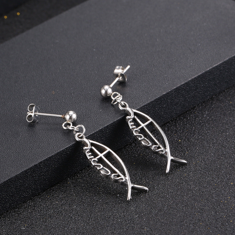 Charming Titanium Steel Fish Earrings - Antique Mori Style for Women