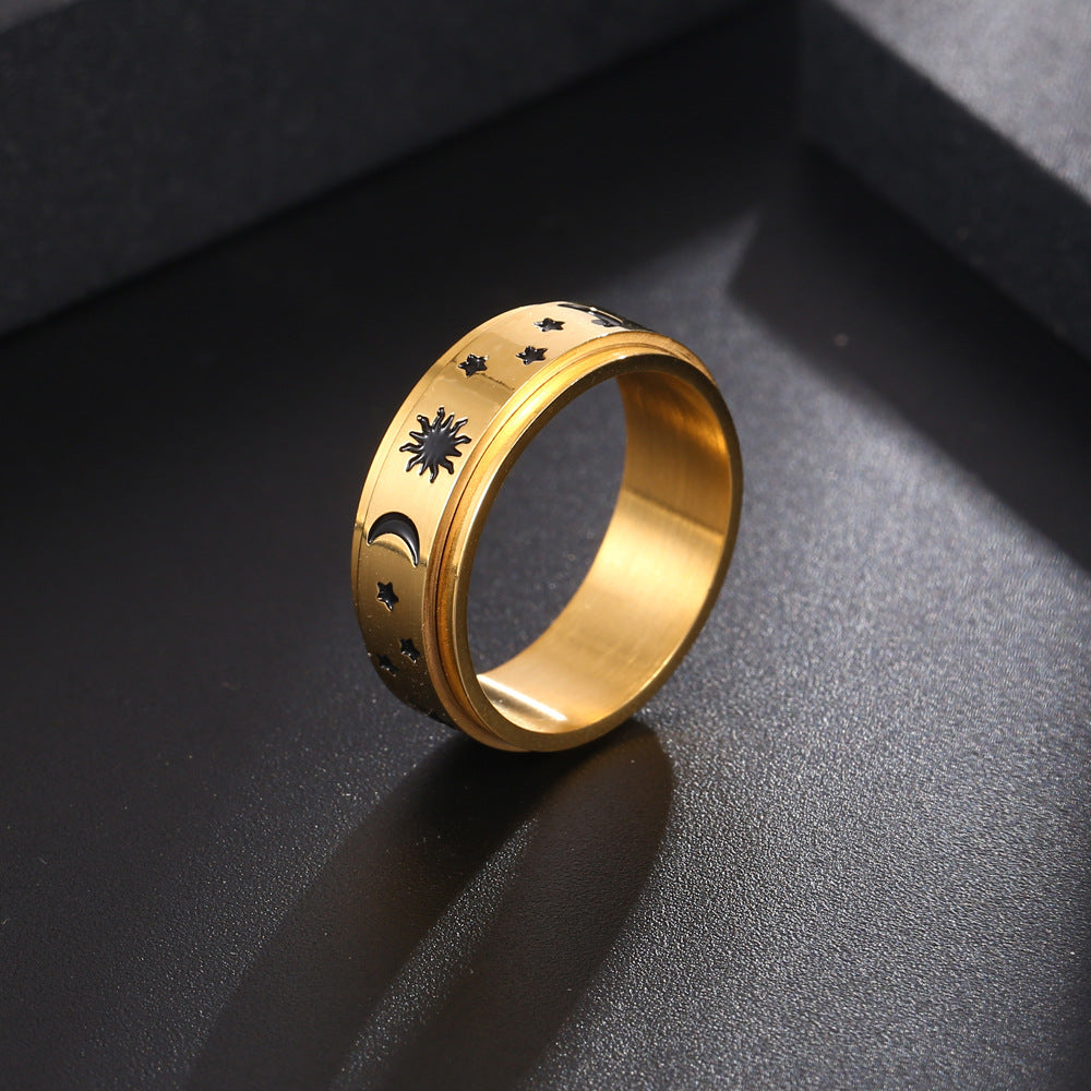 Titanium Steel Men's Ring with Gold, Silver, and Three-Star Design - Sun, Stars, and Moon Jewelry from Japan and South Korea