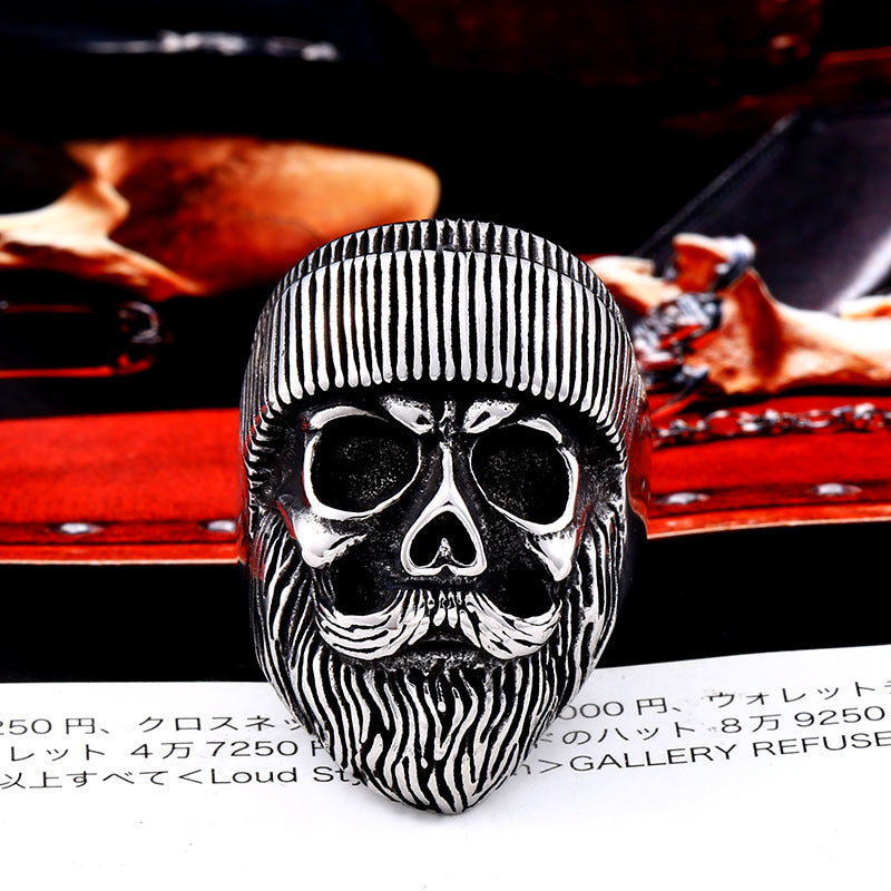 Vintage-Inspired Titanium Steel Skull Ring for Men with Bearded Design