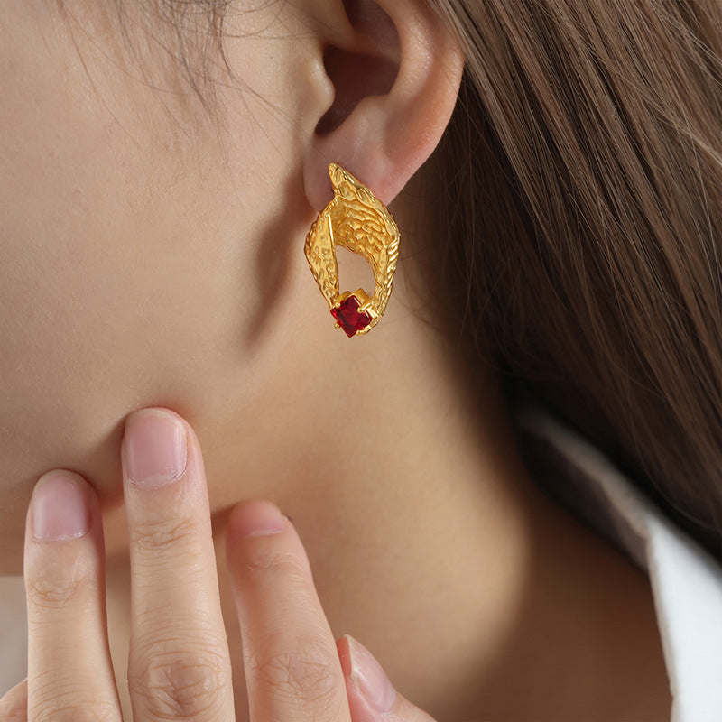 Golden Zircon Stone Versatile Style Titanium Steel Earrings