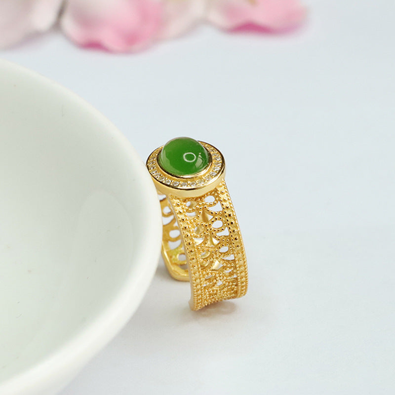 S925 Sterling Silver Adjustable Hotan Jade Jasper Wide Band Ring