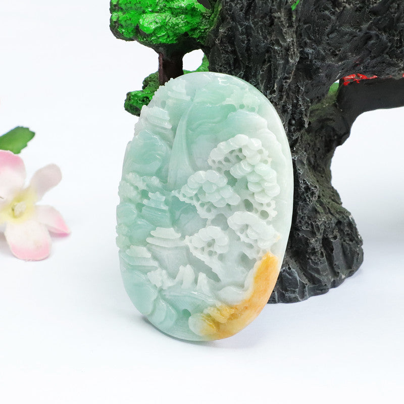 Green and Yellow Jade Pendant with Exquisite Craftsmanship, Beautiful Color, High-Quality Landscape Brand Jewelry