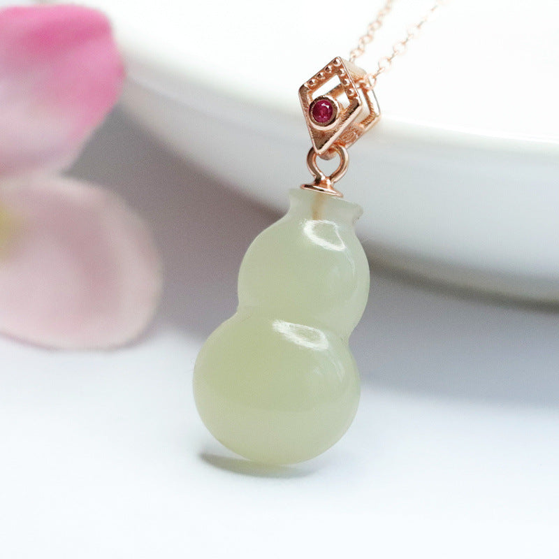 Fortune's Favor S925 Sterling Silver Gourd and Rhombus Jade with Zircon Necklace