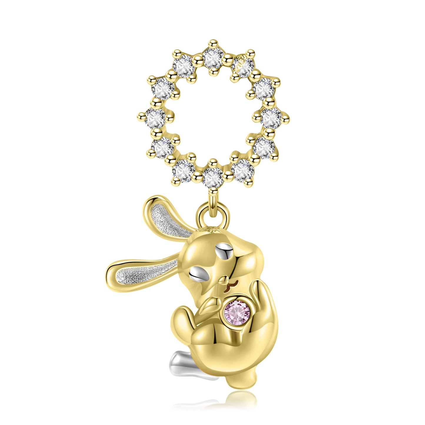 Golden Playful Bunny Pendant Zircon Silver Necklace