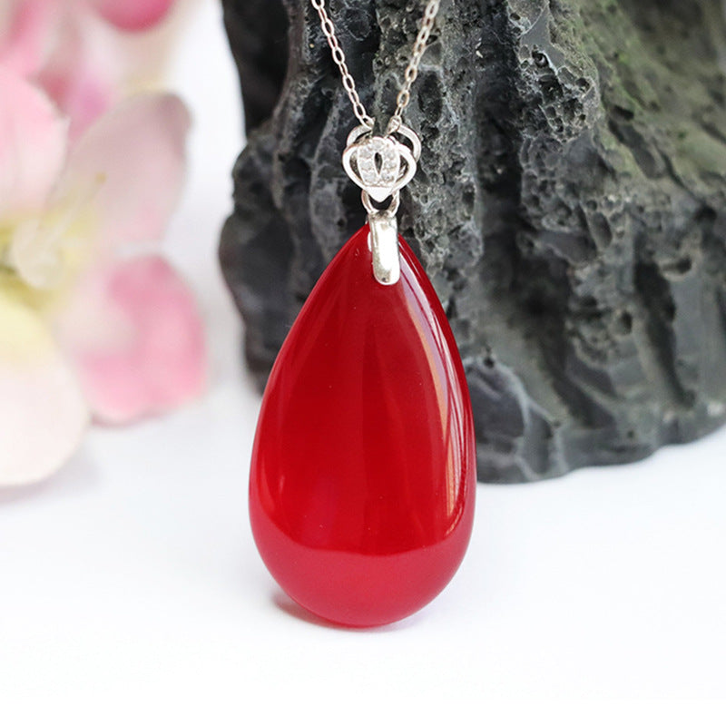 S925 Sterling Silver Natural Red Agate Droplet Pendant Necklace