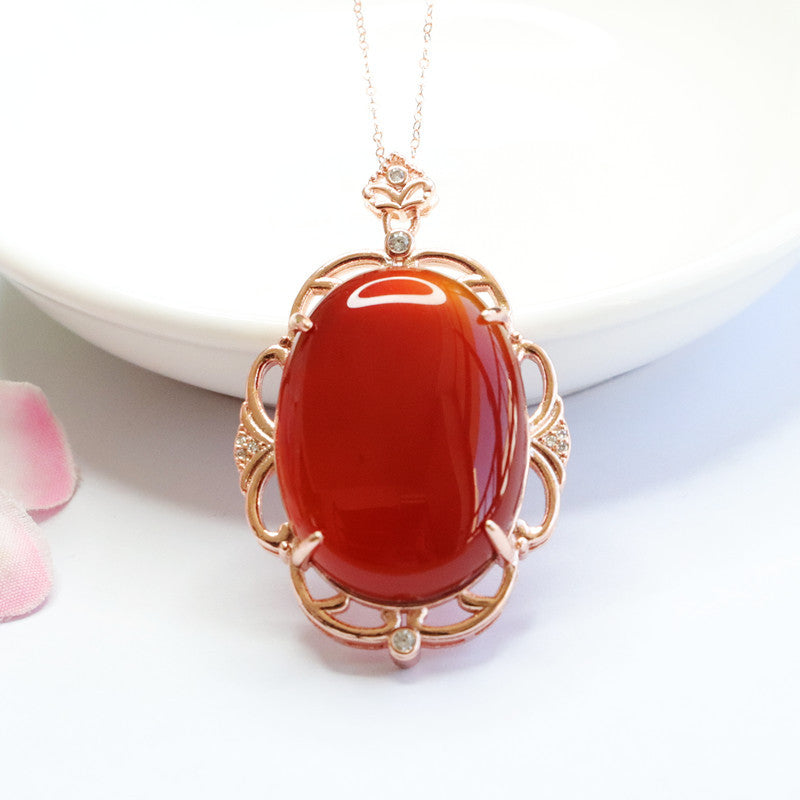 Pigeon Egg Natural Red Agate Pendant Hollow Lace Edge Rose Gold Necklace Jewelry