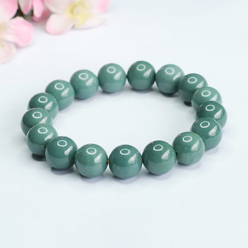 Jade Bracelet with Old Blue Green Beads and Sterling Silver Needle