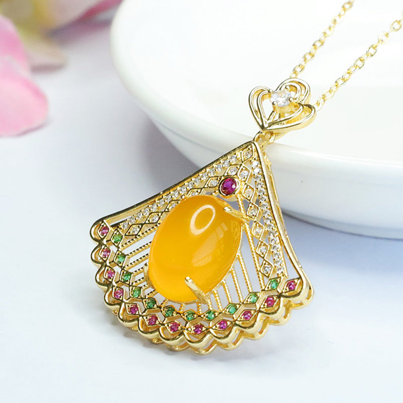 Oval Yellow Chalcedony Hollow Peacock Open Screen Female Zircon Pendant