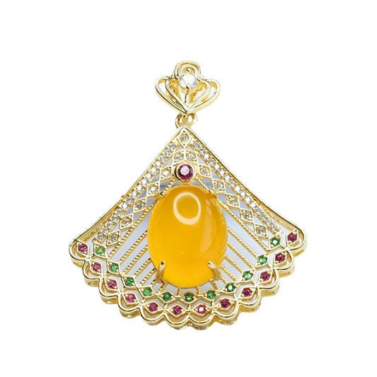 Oval Yellow Chalcedony Hollow Peacock Open Screen Female Zircon Pendant