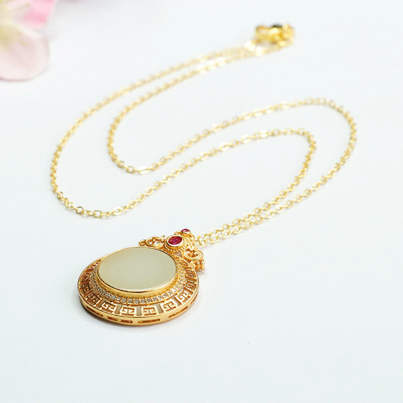 Round Hollow Hetian Jade Pendant Necklace in 925 Sterling Silver