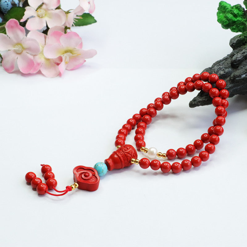 Auspicious Cloud Double Circle Bracelet with Red Sand and Cinnabar Stone