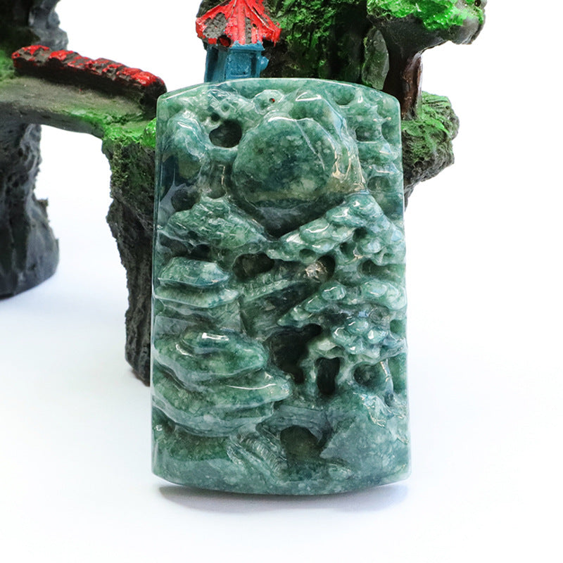 Scenic Hand-Carved Blue Green Landscape Jade Pendant