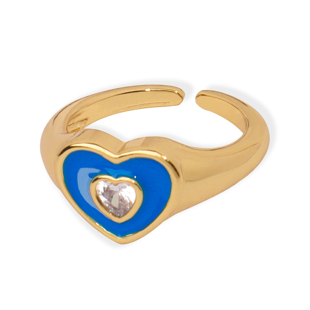 Heart Enamel Zircon Open Ring Jewelry in Copper - Fashionable European and American Design