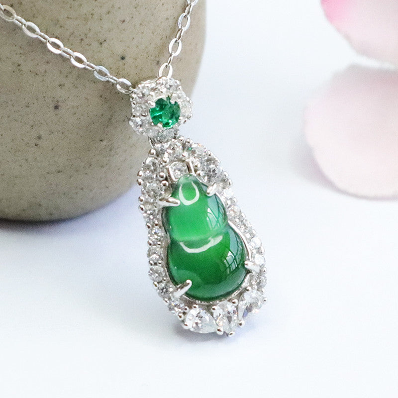 Sterling Silver Necklace with Natural Ice Green Jade and Zircon Little Flower