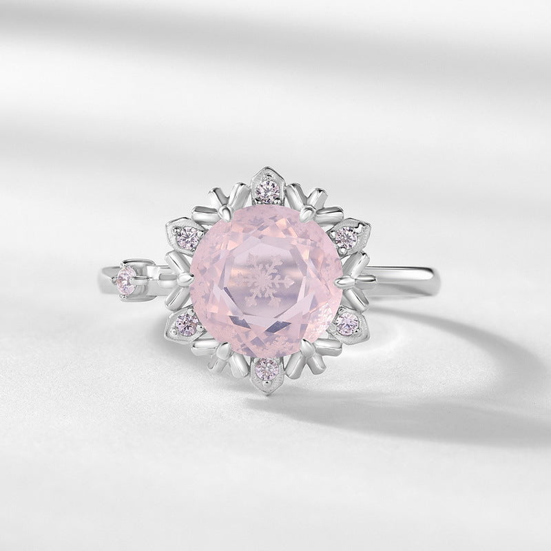 Christmas Winter Snowflake Round Pink Crystal Opening Sterling Silver Ring