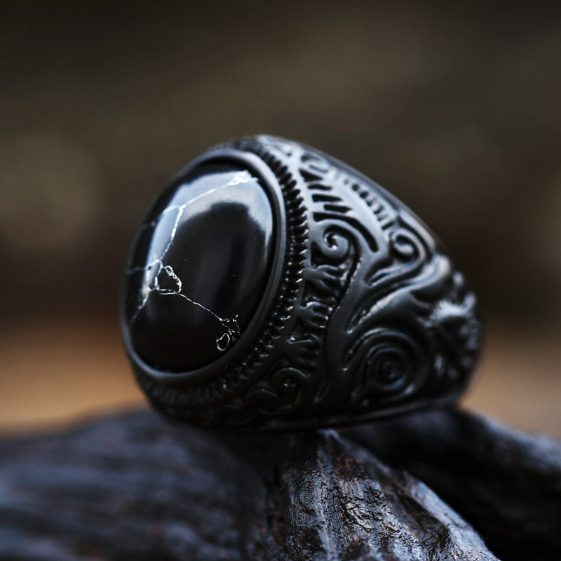 Retro Gem-Inlaid Titanium Steel Men's Engraved Ring - Wholesale Collection