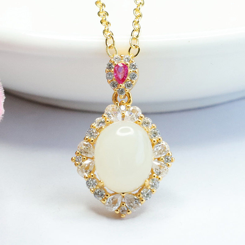 Hotan White Jade Zircon Necklace with Sterling Silver Pendant