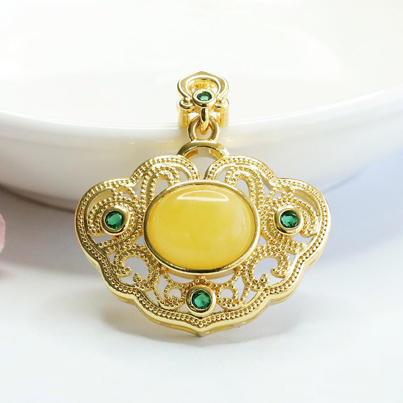 Palatial Style Beeswax Amber and Green Zircon Hollow Ruyi Pendant in Natural Sterling Silver