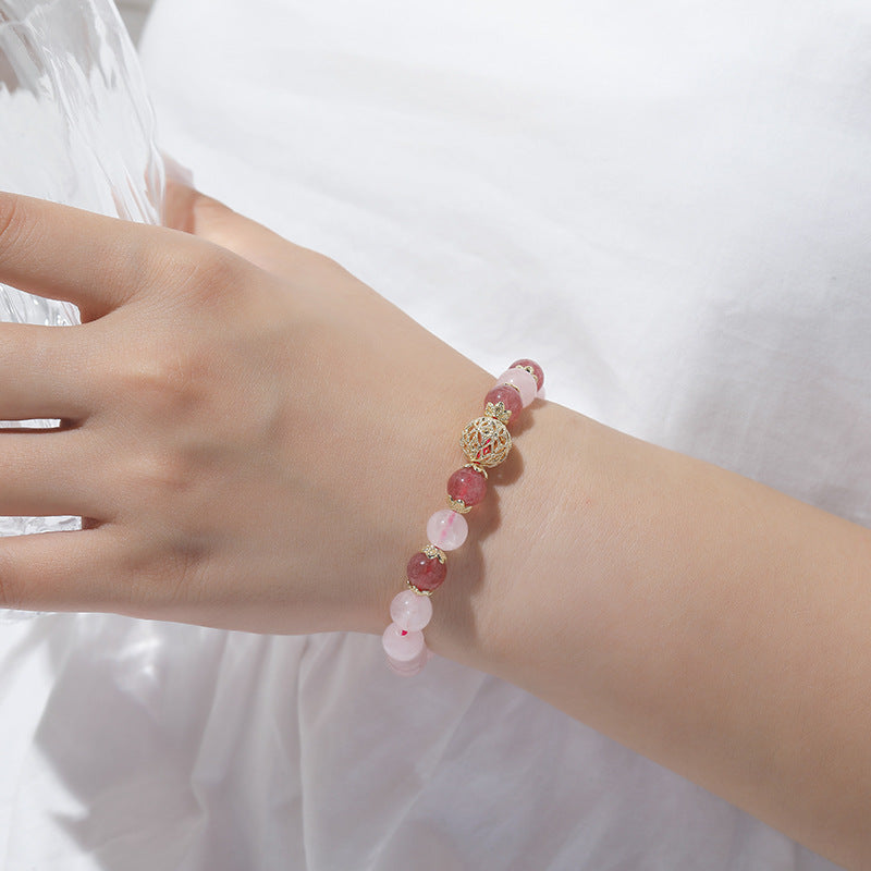 Strawberry Crystal Sterling Silver Bracelet with Peach Hollow Ball design