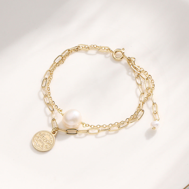 Luxurious Double-Layer Pearl Bracelet with Sterling Silver Chain