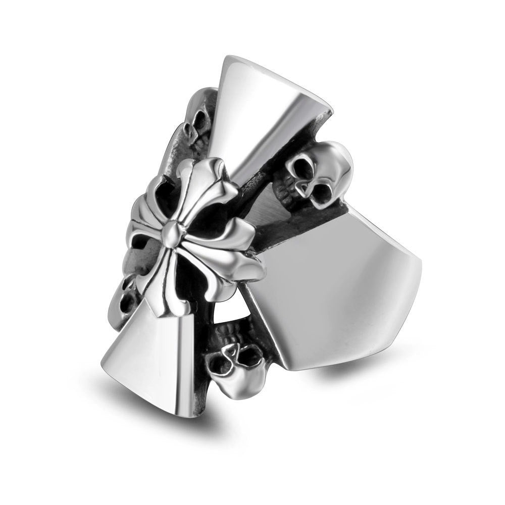 Titanium Steel Skull and Cross Flower Ring for Men - Retro Hip-Hop Jewelry