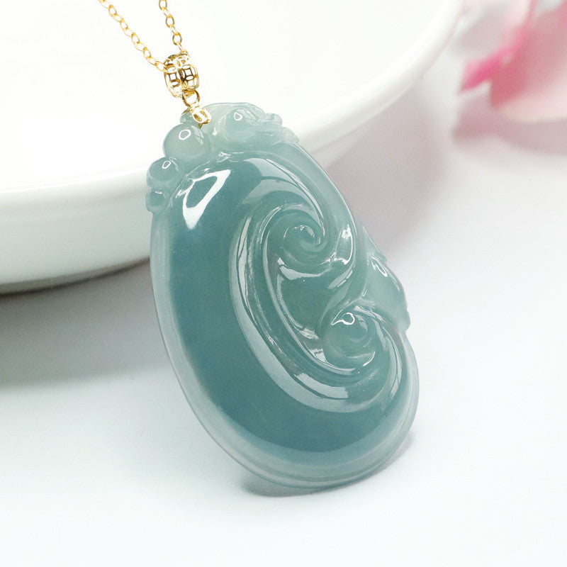 Blue Green Ruyi Jade Necklace with Sterling Silver Pendant