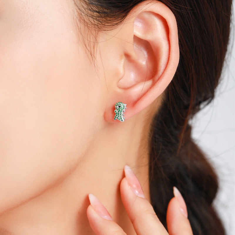 Cute Dinosaur Earrings with Sparkling Green Zircon in Sterling Silver