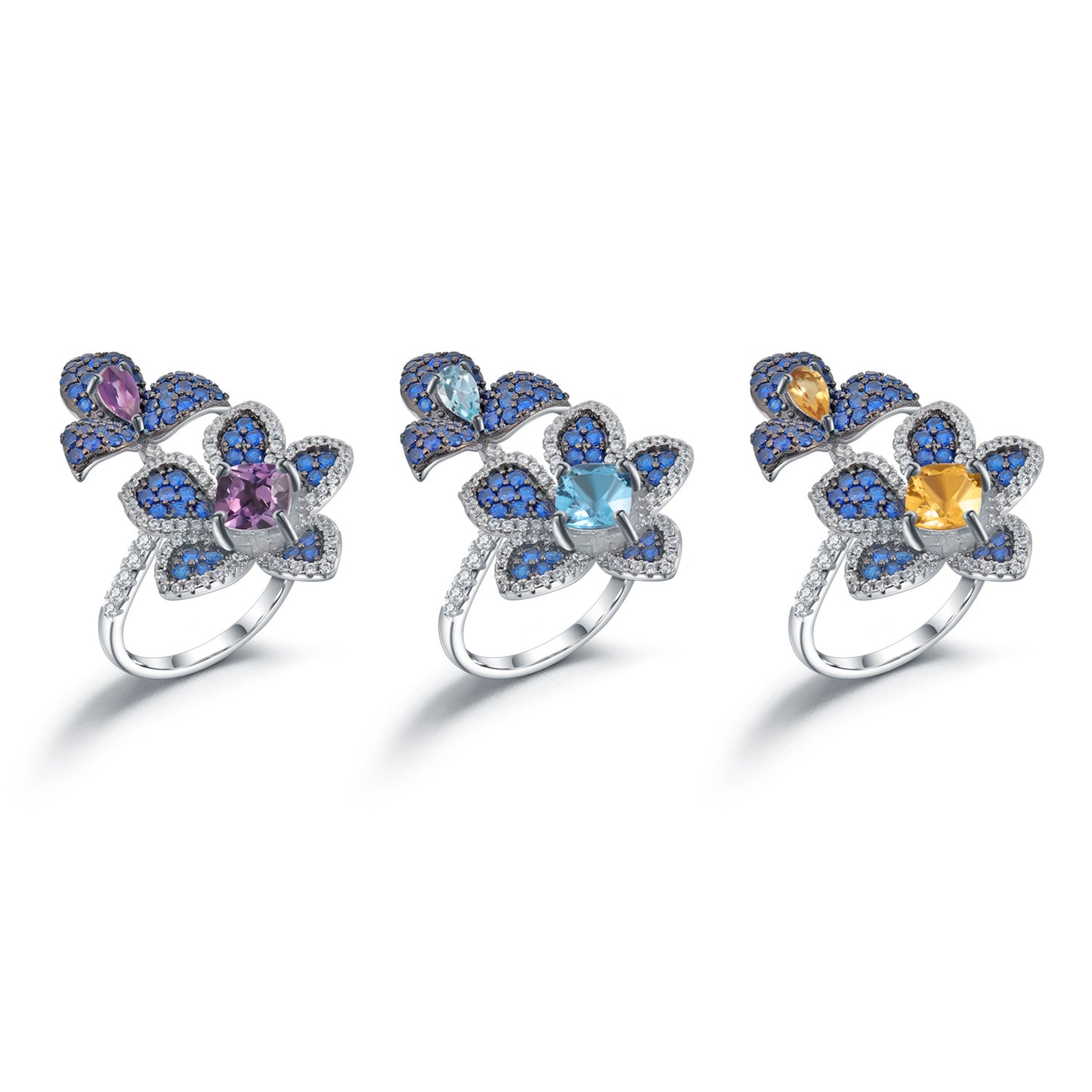 Flower Natural Gemstones Opening Silver Ring