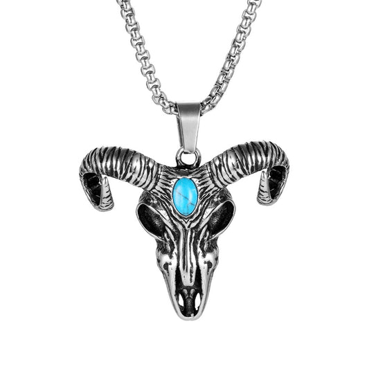 Retro Titanium Steel Bull Head Pendant Necklace with Devil Inlaid Stone for Men