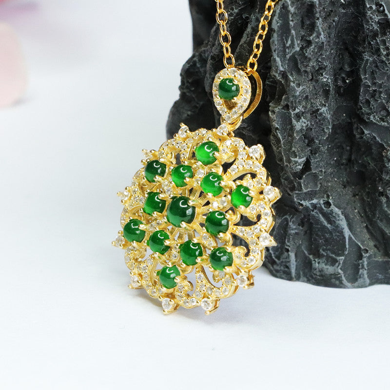 Icy Emperor Green Jade Flower Necklace with Zircon Beads