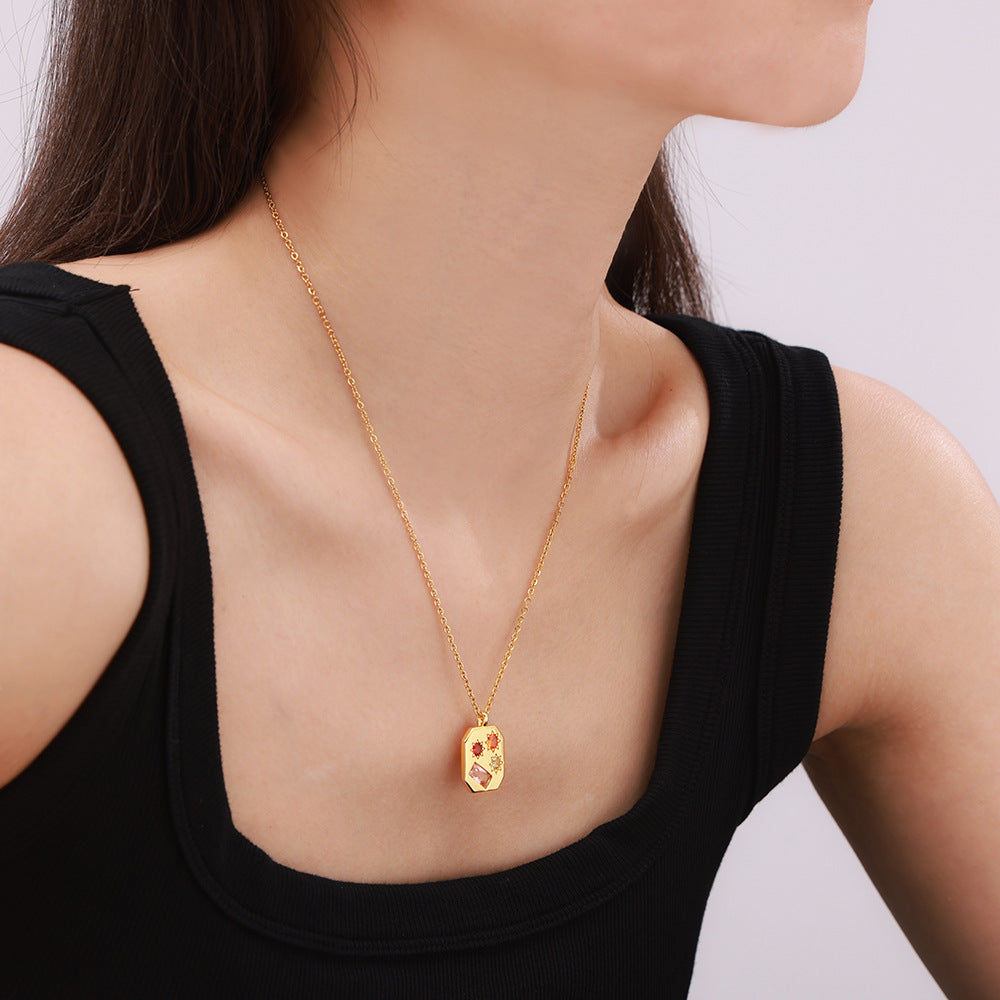 Geometric Zircon Pendant Necklace in Gold-Plated Titanium Steel