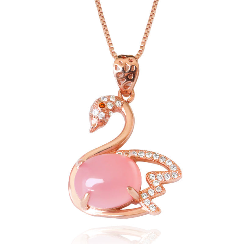 Oval Powder Chalcedony Zircon Rose Gold Swan Pendant Jewelry