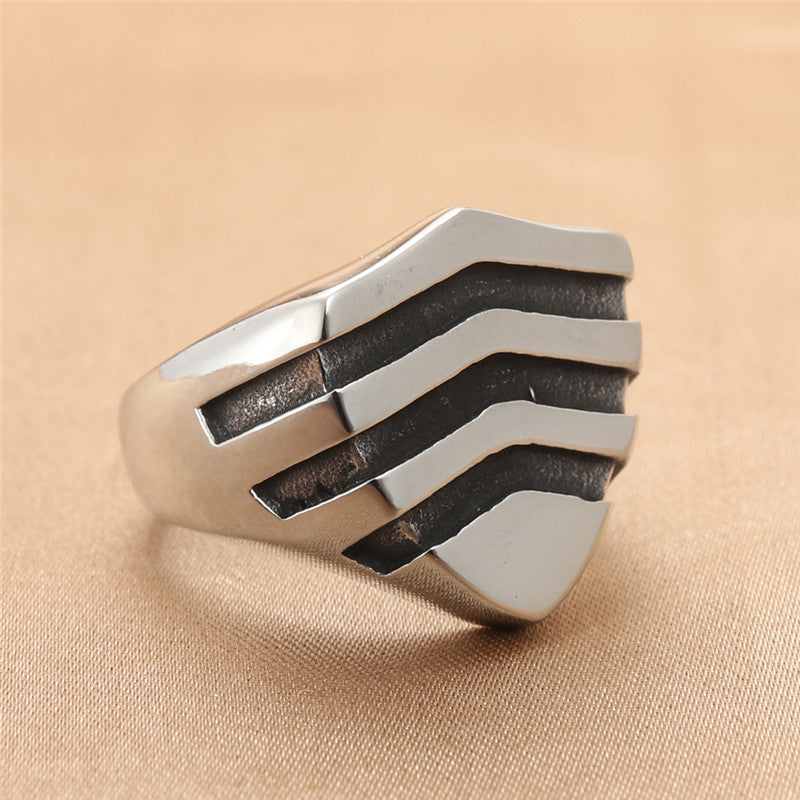 Titanium Steel Vintage Shield Ring for Men - Retro Trendy Striped Design