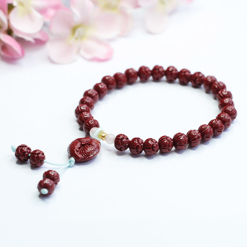 Double Fish Bracelet with Purple Gold Sand, Lotus Beads, and Cinnabar