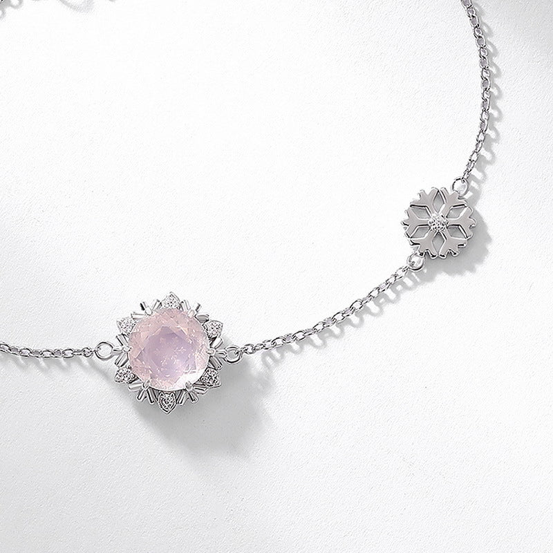 Christmas Winter Snowflake Round Pink Crystal Sterling Silver Bracelet