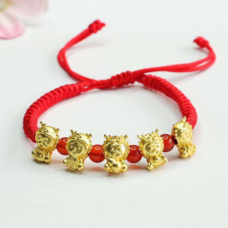 Five Fortune Agate Bracelet with Golden Dragon