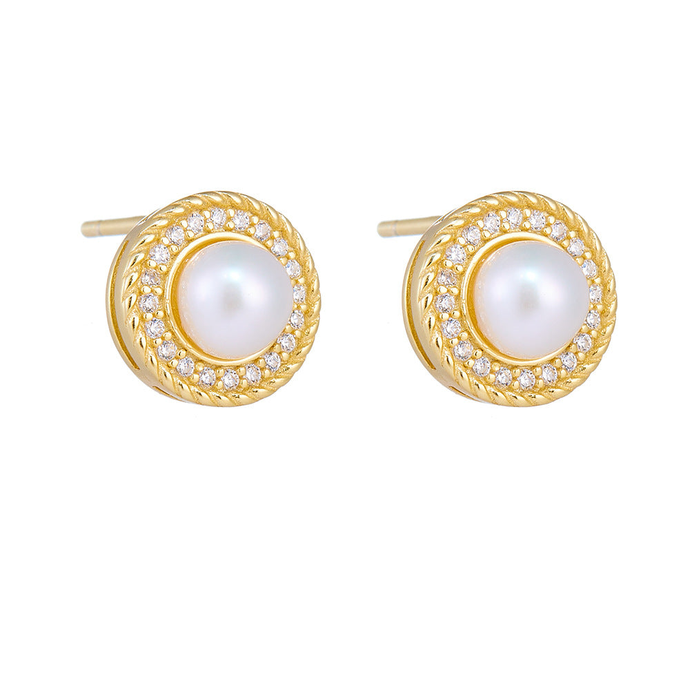 Retro Round Freshwater Pearl Zircon Halo Sterling Silver Stud Earrings