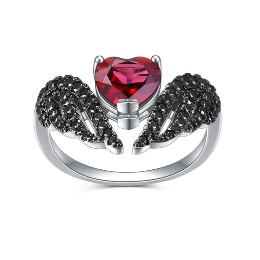 Darkness Wings Heart Shape Natural Gemstone Silver Ring